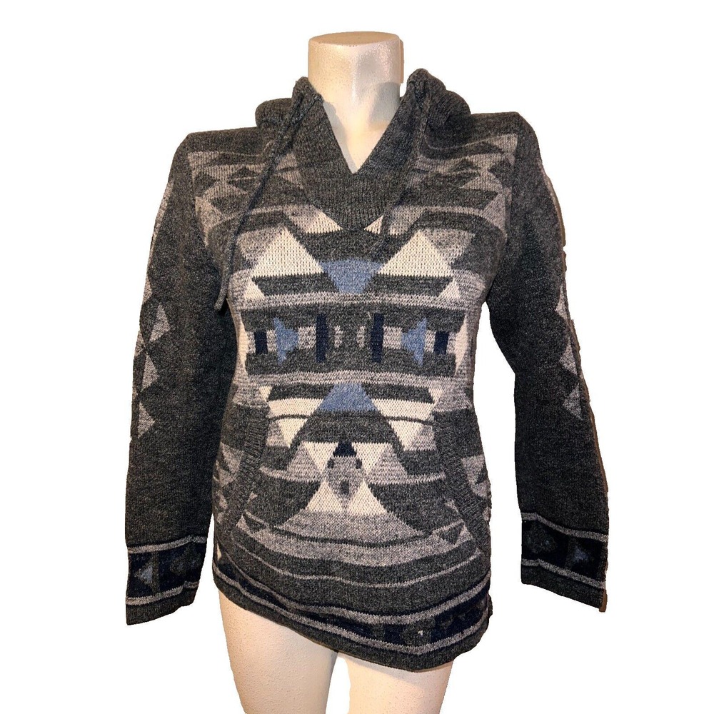 Lucky Brand Mens Southwestern Geometric Knit Hoodie Sweater Grey Blue Small